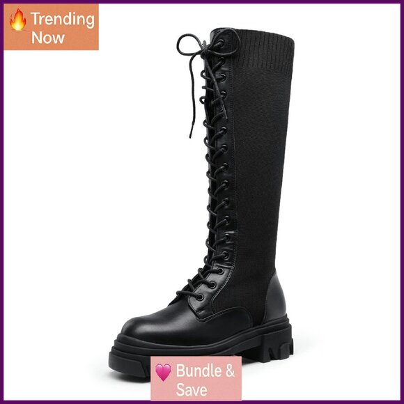 Knee High Combat Boots Platform Lug Sole Lace Up Side Zipper